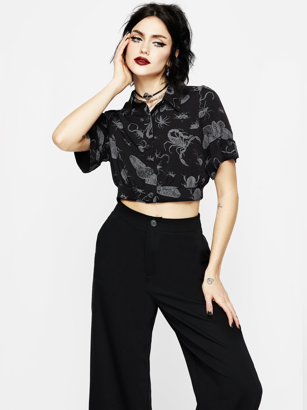 Disturbia Parasite Bugs Short Sleeve Crop Shirt in Black US 6 / UK 10